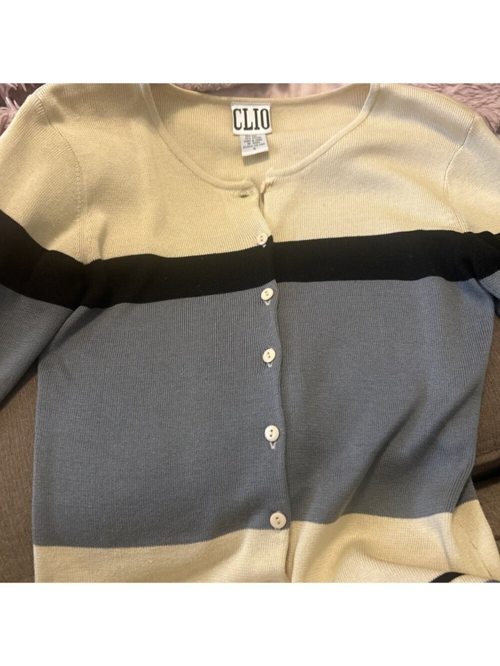 CLIO Womens Open Knit Sweater Top Cardigan Gray Ivory Black Size Small Striped